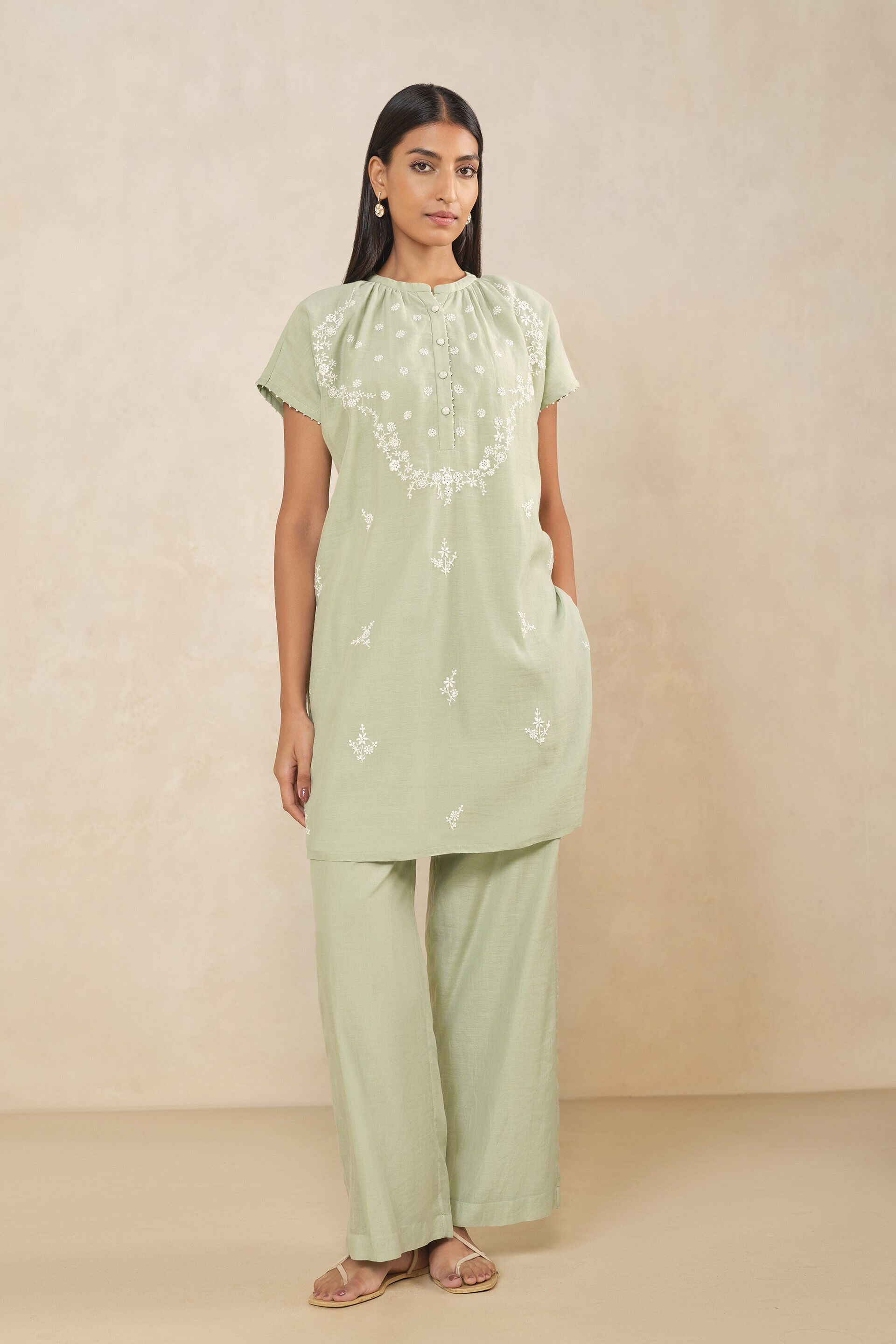 Haiku Hand-embroidered Chikankari Mul Kurta Set - Sage